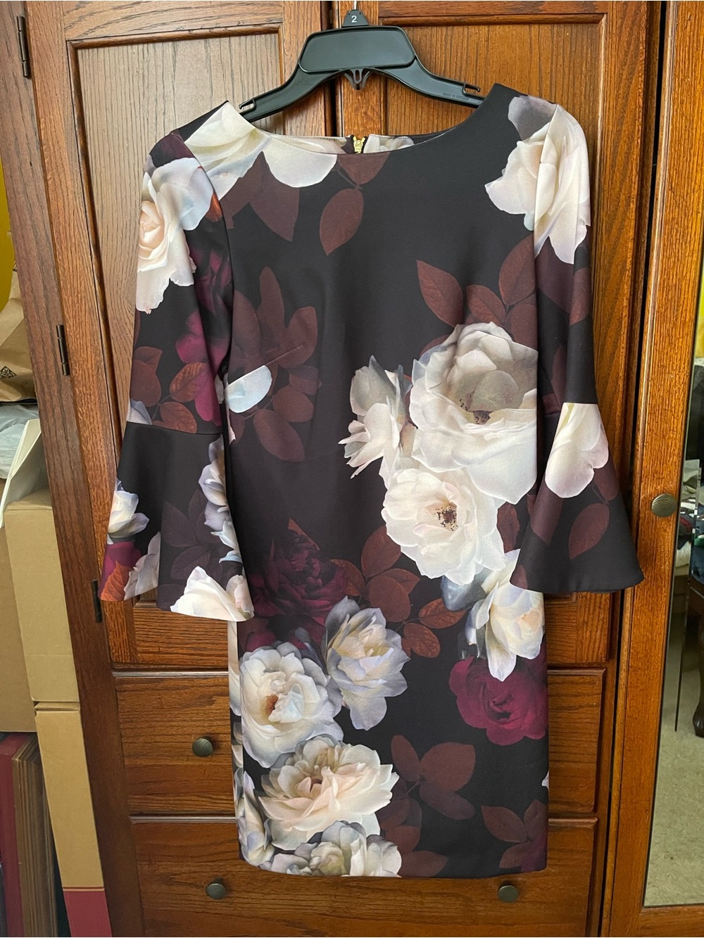 Calvin Klein Black Floral Bell-Sleeve Shift Dress with Cream and Burgundy Blooms